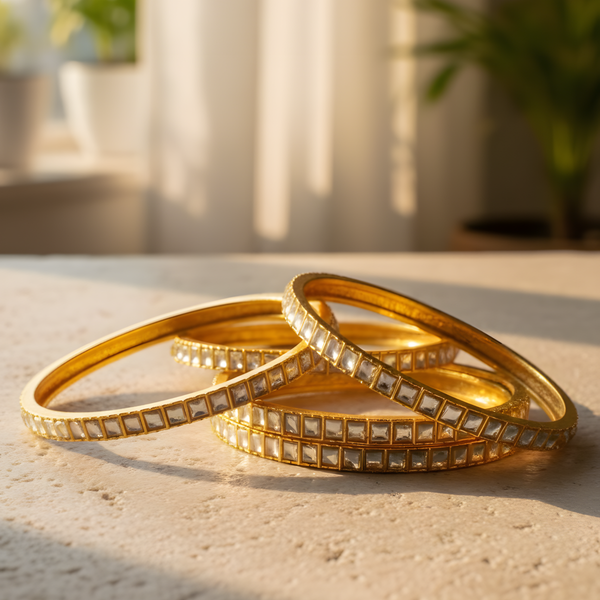 Traditional Gold Plated Bangles with Elegant White Stone Square Design