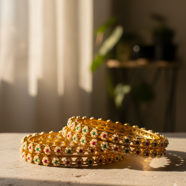 Elegant Gold Plated Bangles Adorned with White Pearl Flowers for Timeless Style