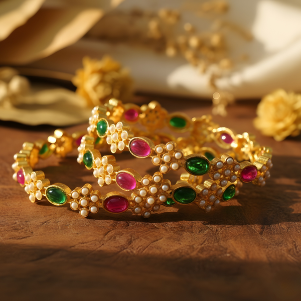 Royal Radiance – Gold-Plated Bangles with Pink & Green Stones