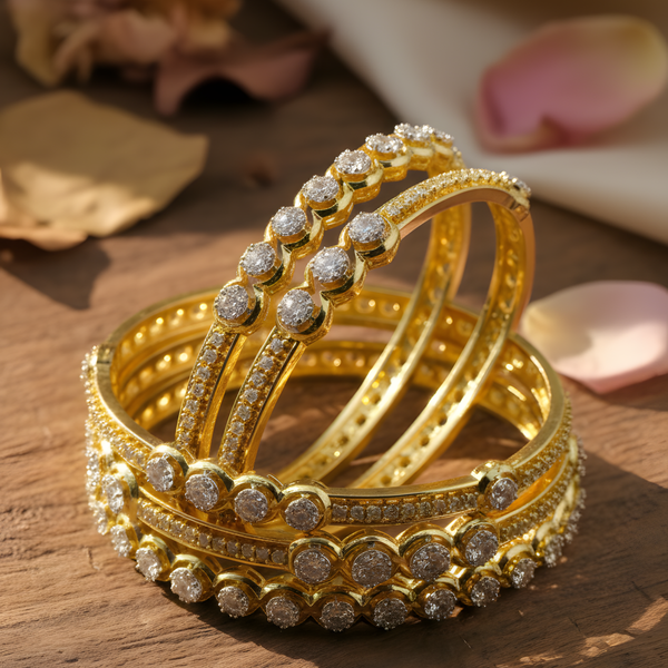 Golden Bangle with White Stones - Elegant Design for Timeless Style