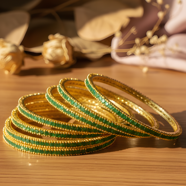 Traditional Gold-Plated Bangle with Green Stone – Elegant Designer Jewelry