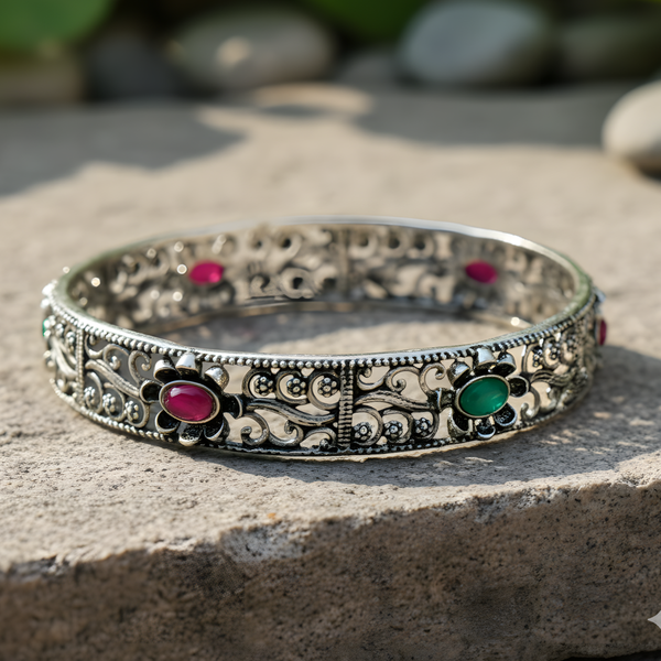 Minimalist Adjustable Silver-Plated Bangles with Moti, Pink & Green Accents for Effortless Style