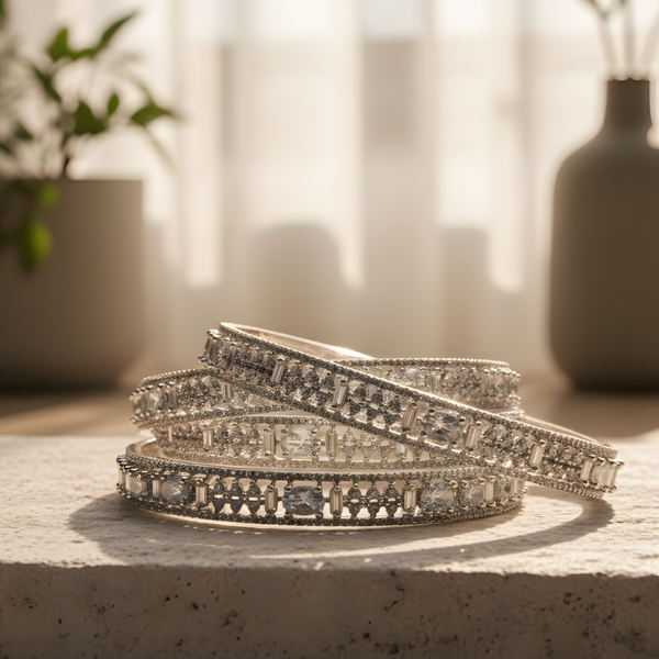 Elegant Silver-Plated Diamond-Cut Bangles with Sparkling Stone Accents