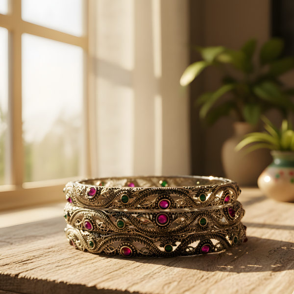Elegant Silver-Plated Bangles with Pink  and Green Stone Detailing