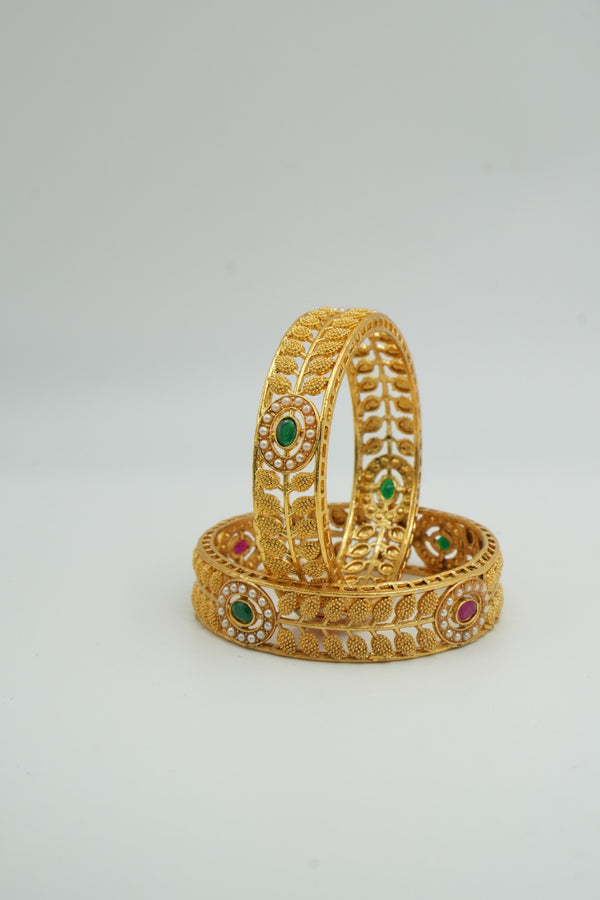 Traditional Designer Bangles with Ruby, Emerald & Pearl Accents - Victorian Jaipur