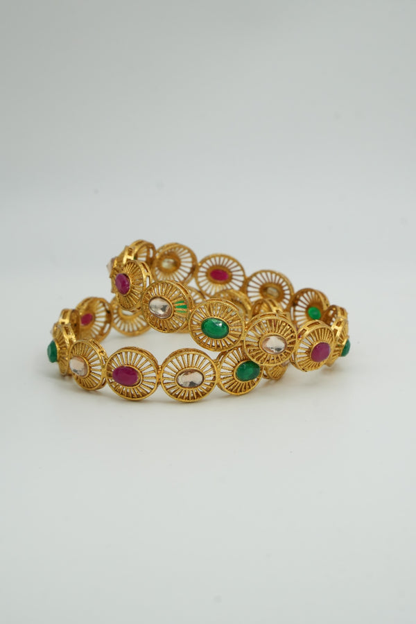 Luxury Ethnic Bangles Embellished with Pink & Green Stones - Victorian Jaipur